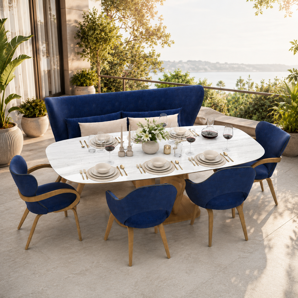 Navy Curved Banquette Dining Set – White Marble Top 3D Model 3