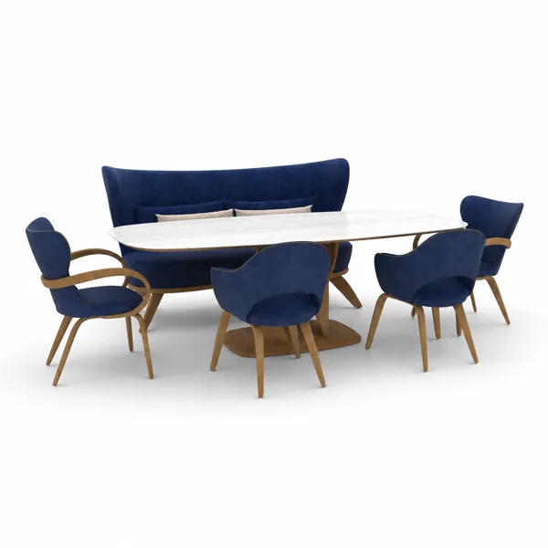 Navy Curved Banquette Dining Set – White Marble Top 3D Model
