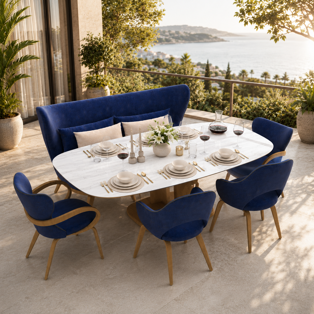 Navy Curved Banquette Dining Set – White Marble Top 3D Model 2