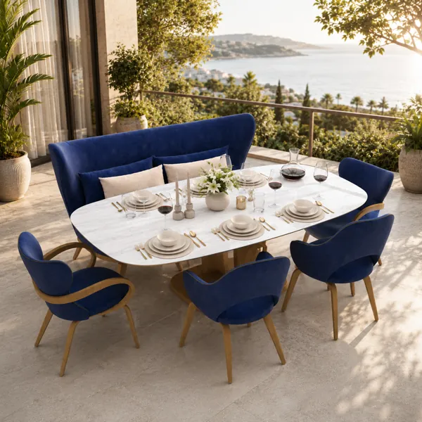 Navy Curved Banquette Dining Set – White Marble Top 3D Model back
