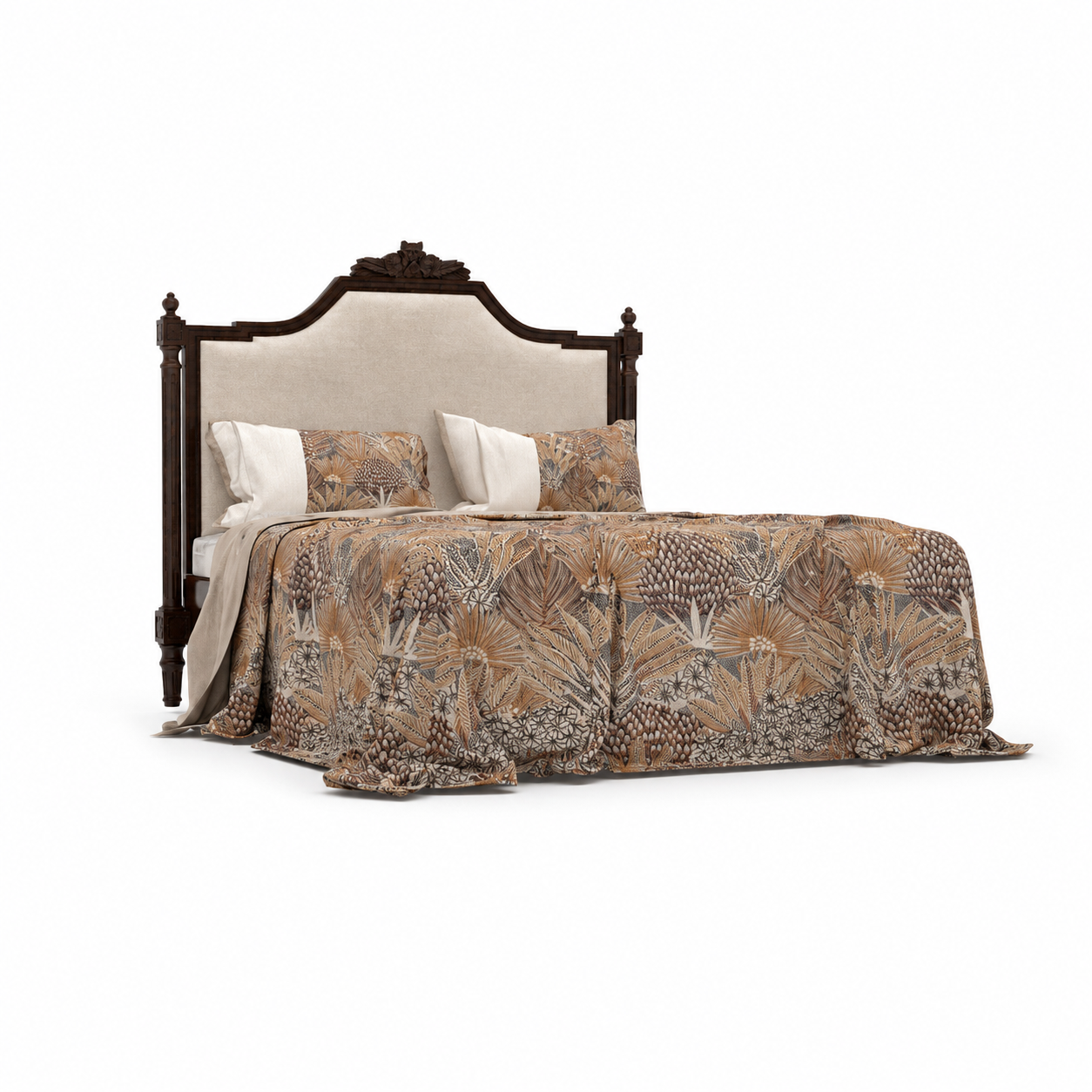 Dark Wood Upholstered Bed – Botanical Bedding 3D Model 1