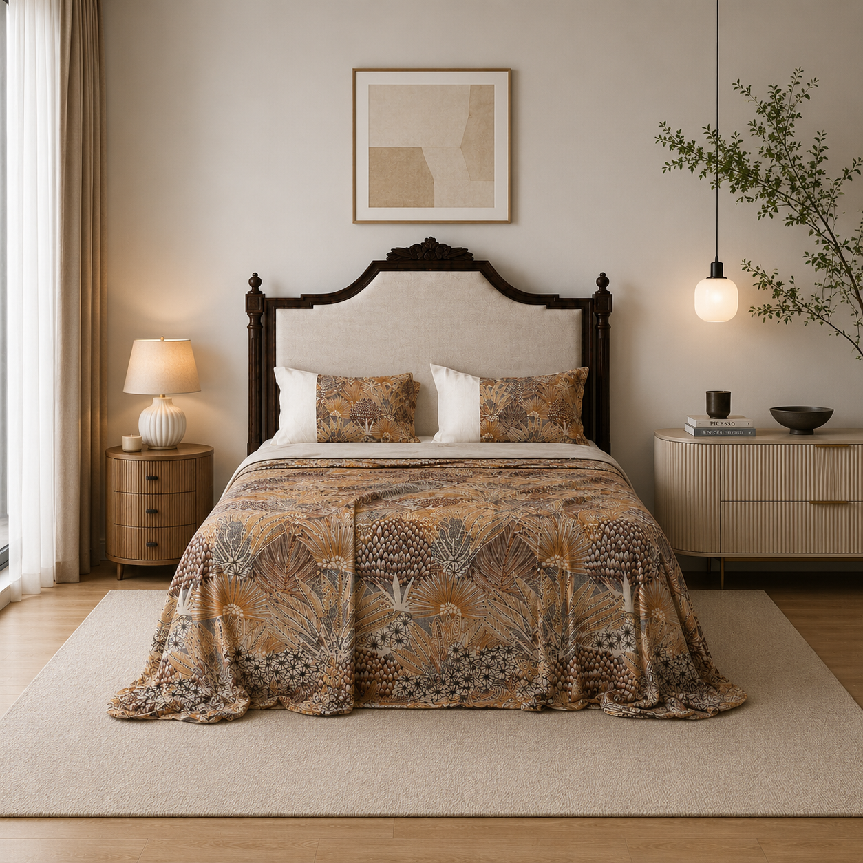 Dark Wood Upholstered Bed – Botanical Bedding 3D Model 4