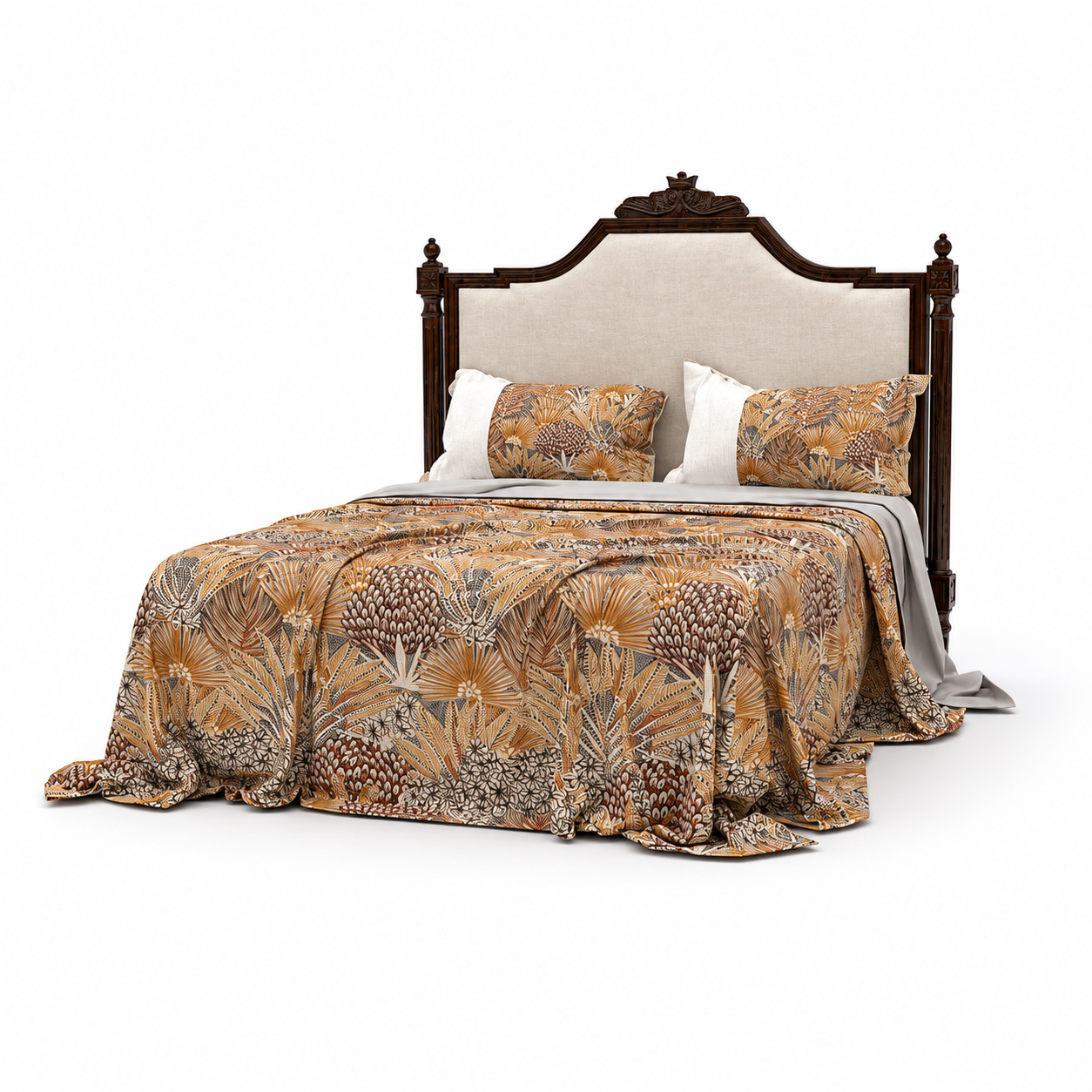 Dark Wood Upholstered Bed – Botanical Bedding 3D Model 3