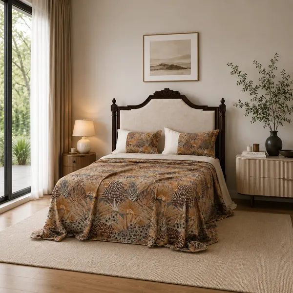 Dark Wood Upholstered Bed – Botanical Bedding 3D Model back