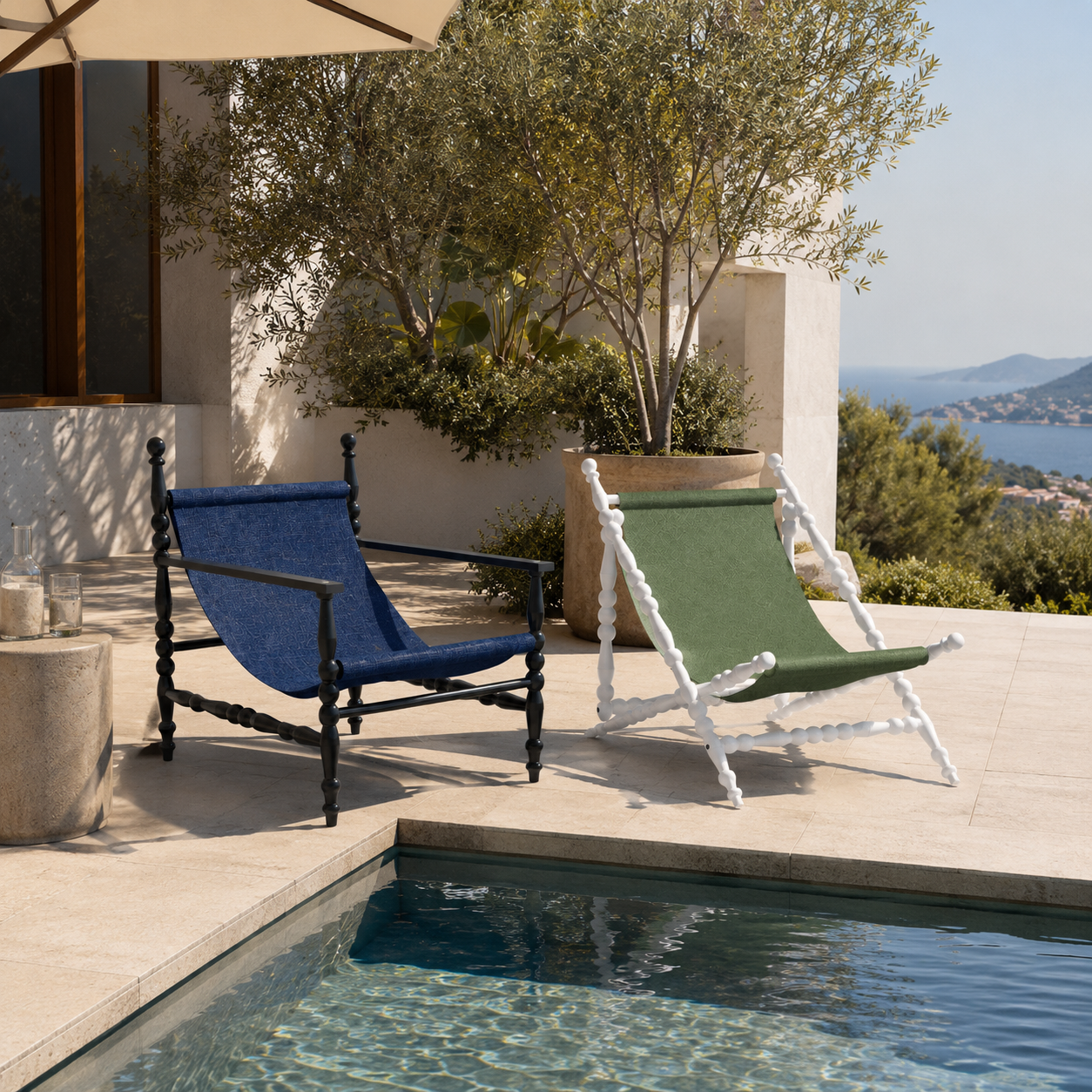 Spindle Frame Sling Armchairs – Blue & Green 3D Model 2