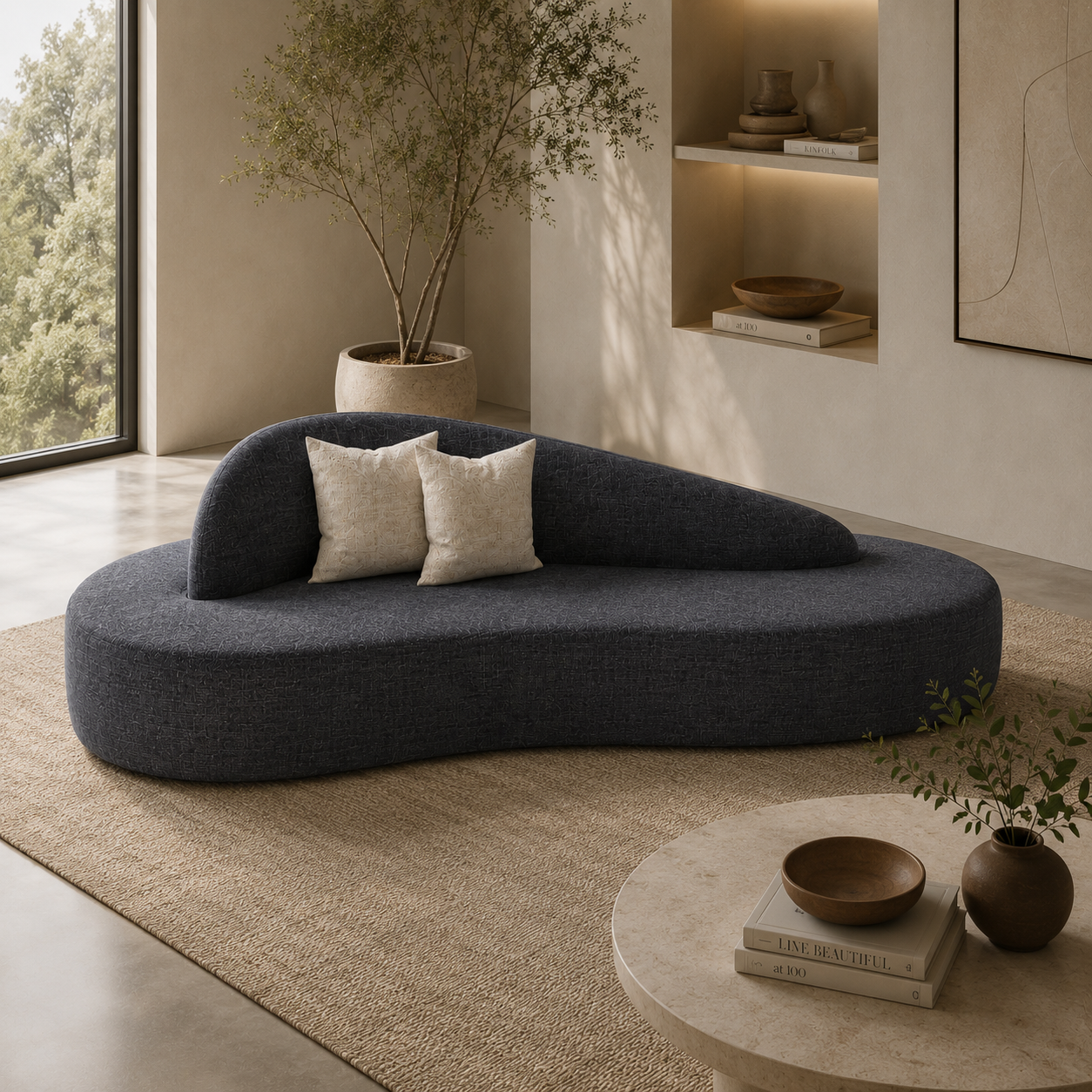 Charcoal Organic Sofa with Sculpted Asymmetric Backrest 3D Model 4