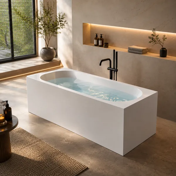 White Rectangular Bathtub – Reflective Metal Inner Basin 3D Model back