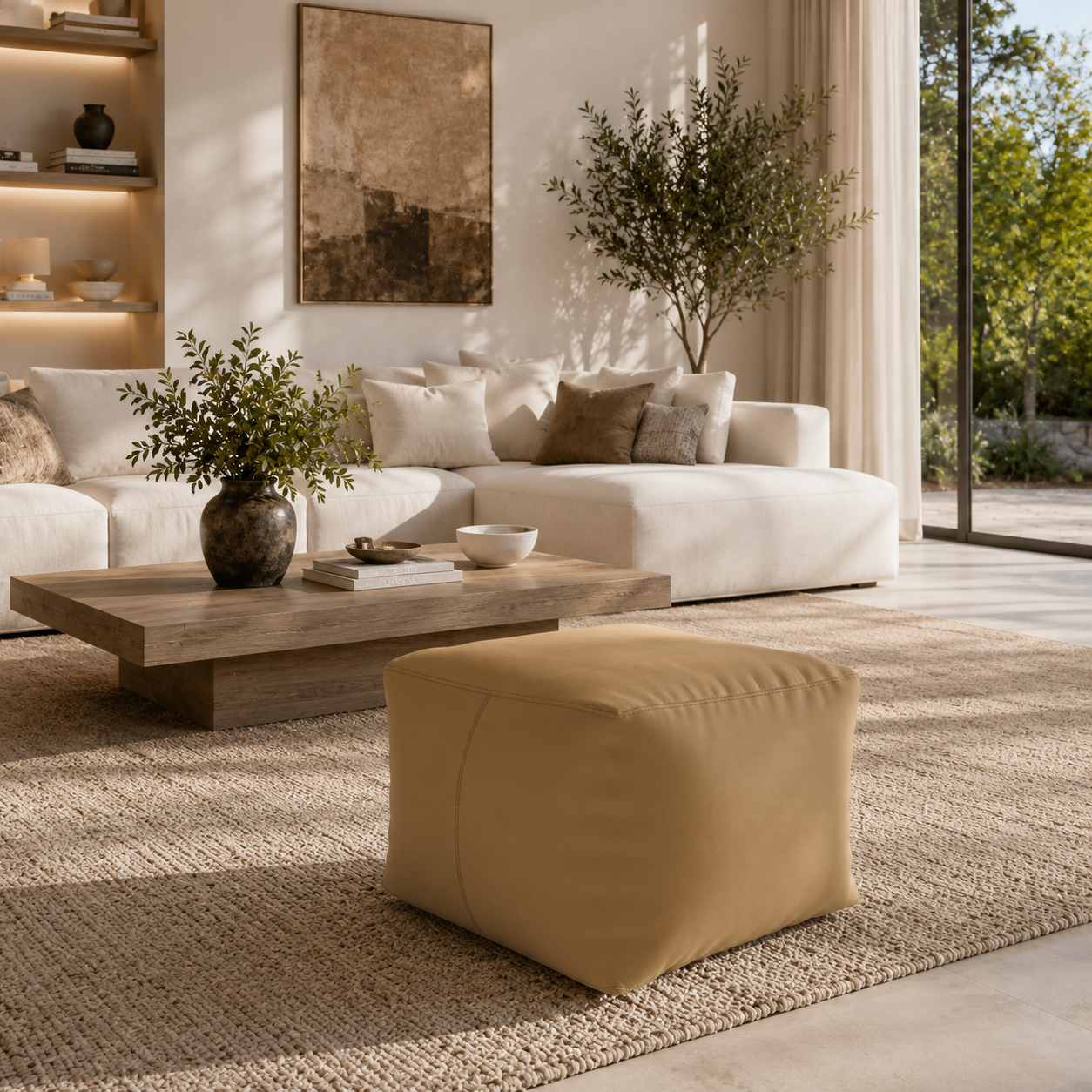 Sand Beige Fabric Cube Pouf – Relaxed Creases 3D Model 2