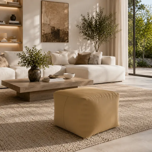 Sand Beige Fabric Cube Pouf – Relaxed Creases 3D Model back