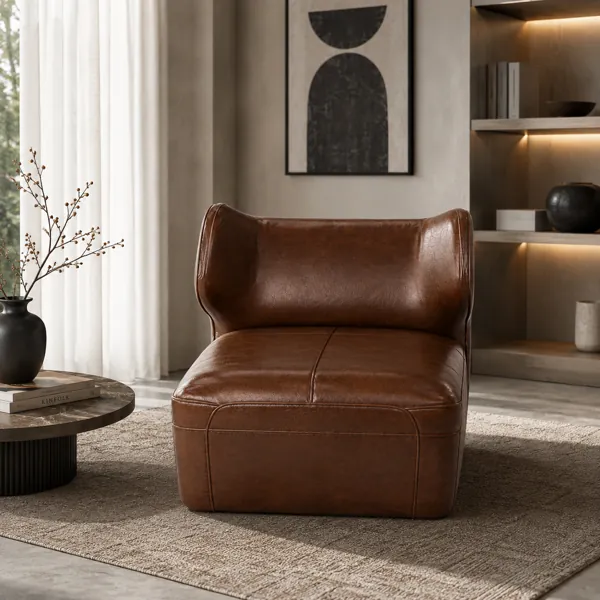Modern Cognac Leather Curved Lounge Armchair 3D Model back