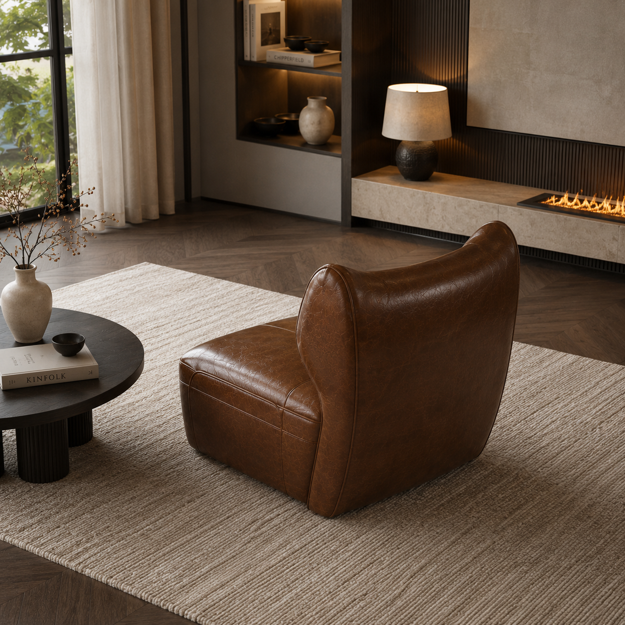 Modern Cognac Leather Curved Lounge Armchair 3D Model 4