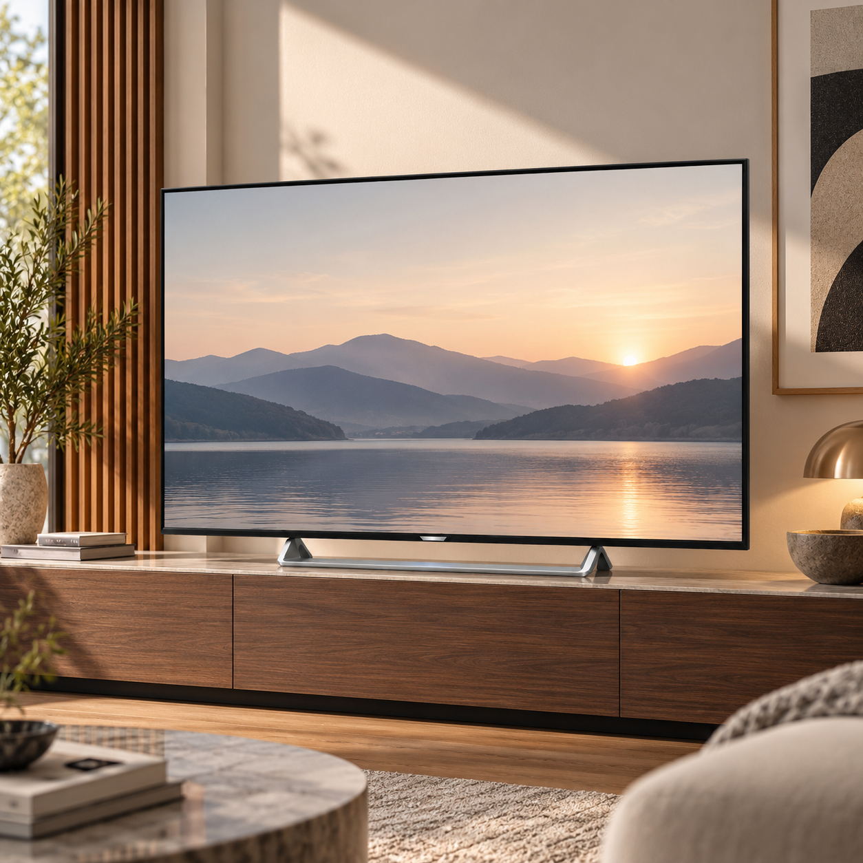 Black Slim Bezel TV with Silver Bridge Stand 3D Model 4