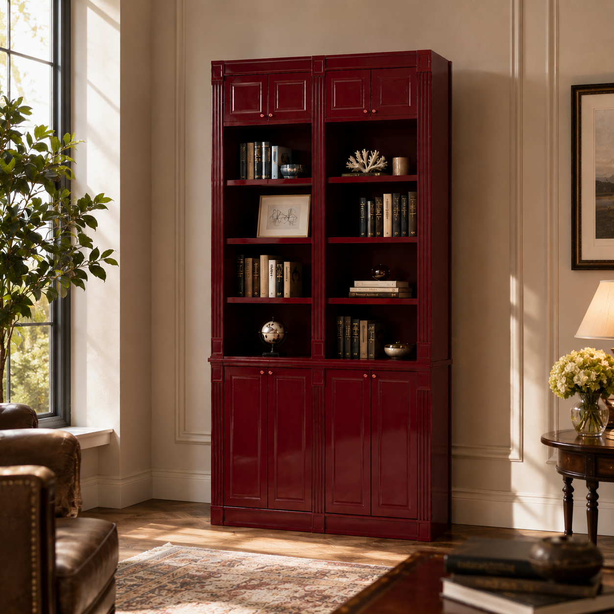 Burgundy Tall Display Cabinet – Open Shelves & Fluted Trim 3D Model 3