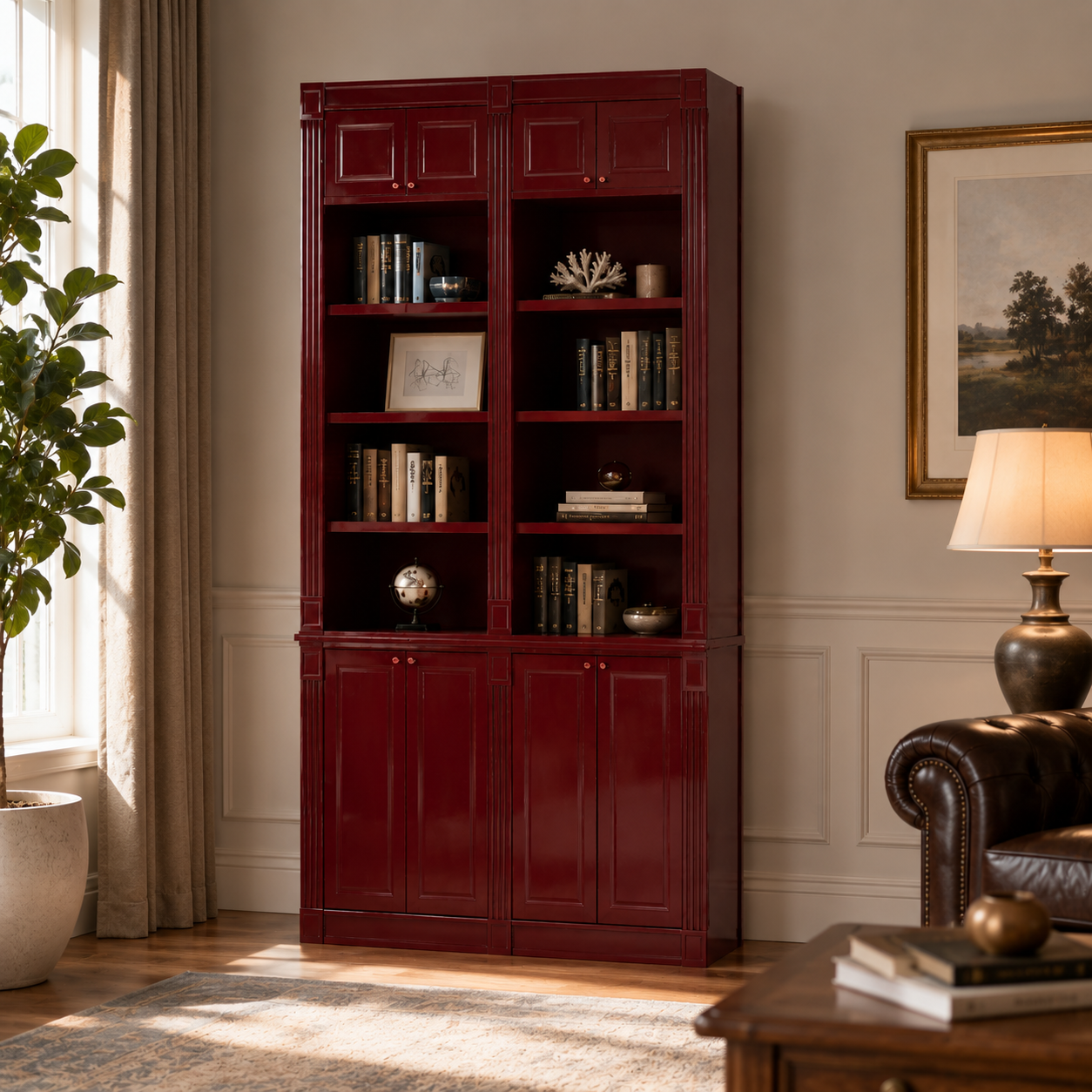 Burgundy Tall Display Cabinet – Open Shelves & Fluted Trim 3D Model 2