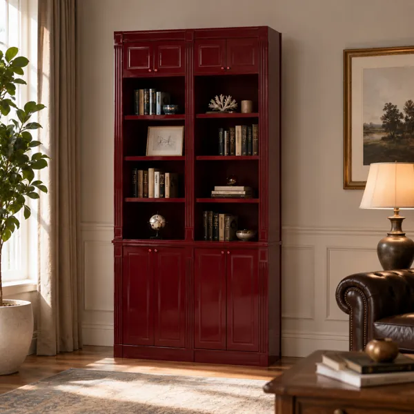 Burgundy Tall Display Cabinet – Open Shelves & Fluted Trim 3D Model back