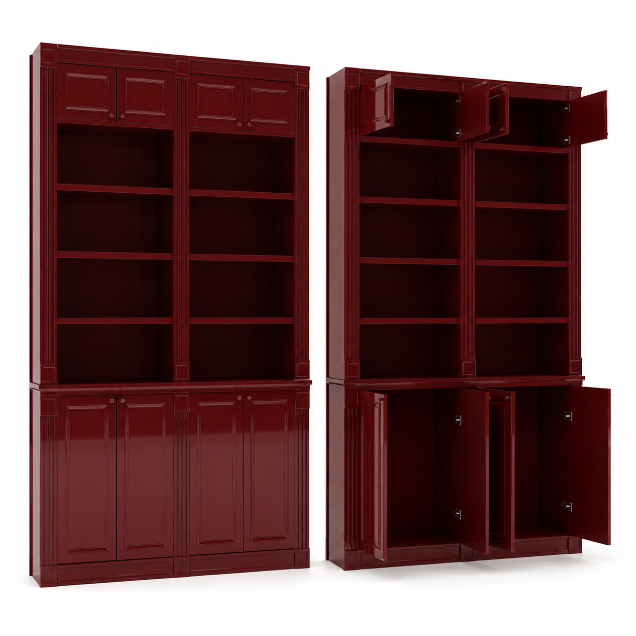 Burgundy Tall Display Cabinet – Open Shelves & Fluted Trim 3D Model