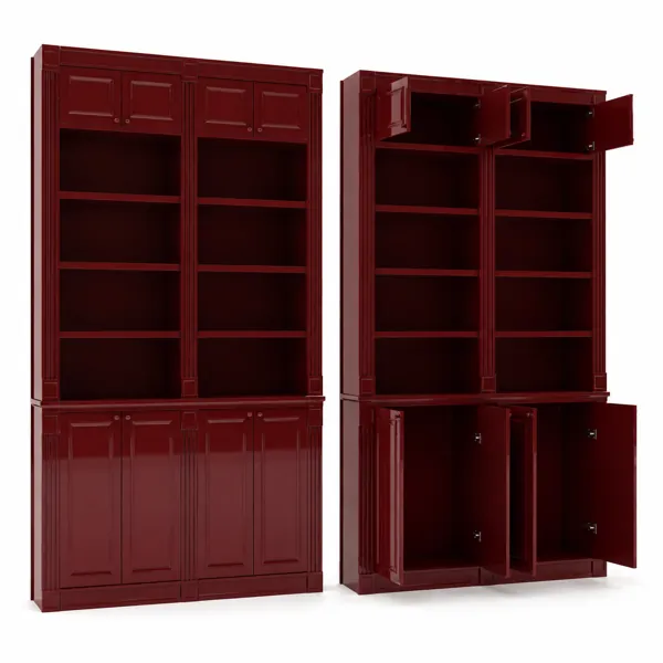 Burgundy Tall Display Cabinet – Open Shelves & Fluted Trim 3D Model