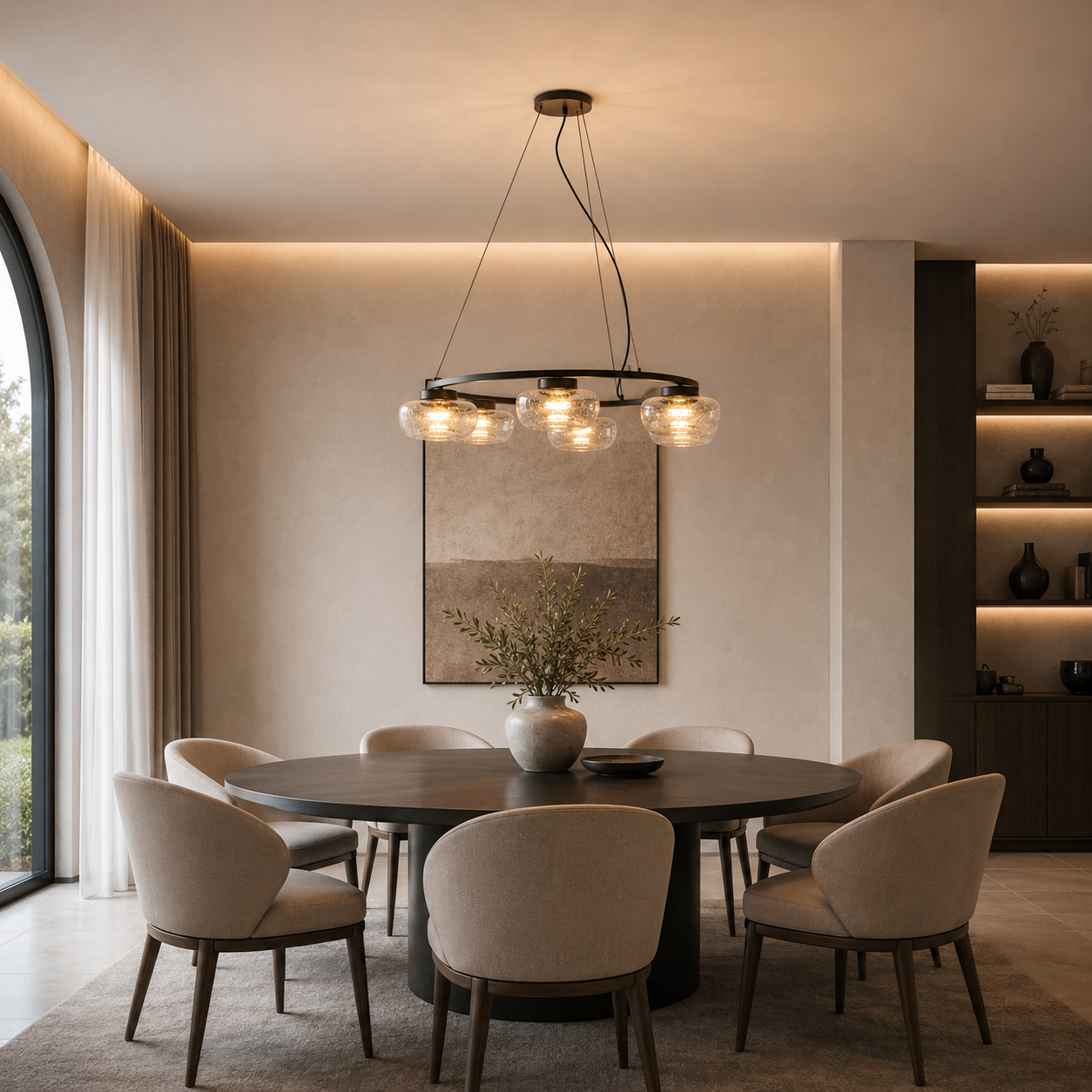 Bronze Ring Chandelier – Six Textured Glass Lights 3D Model 2