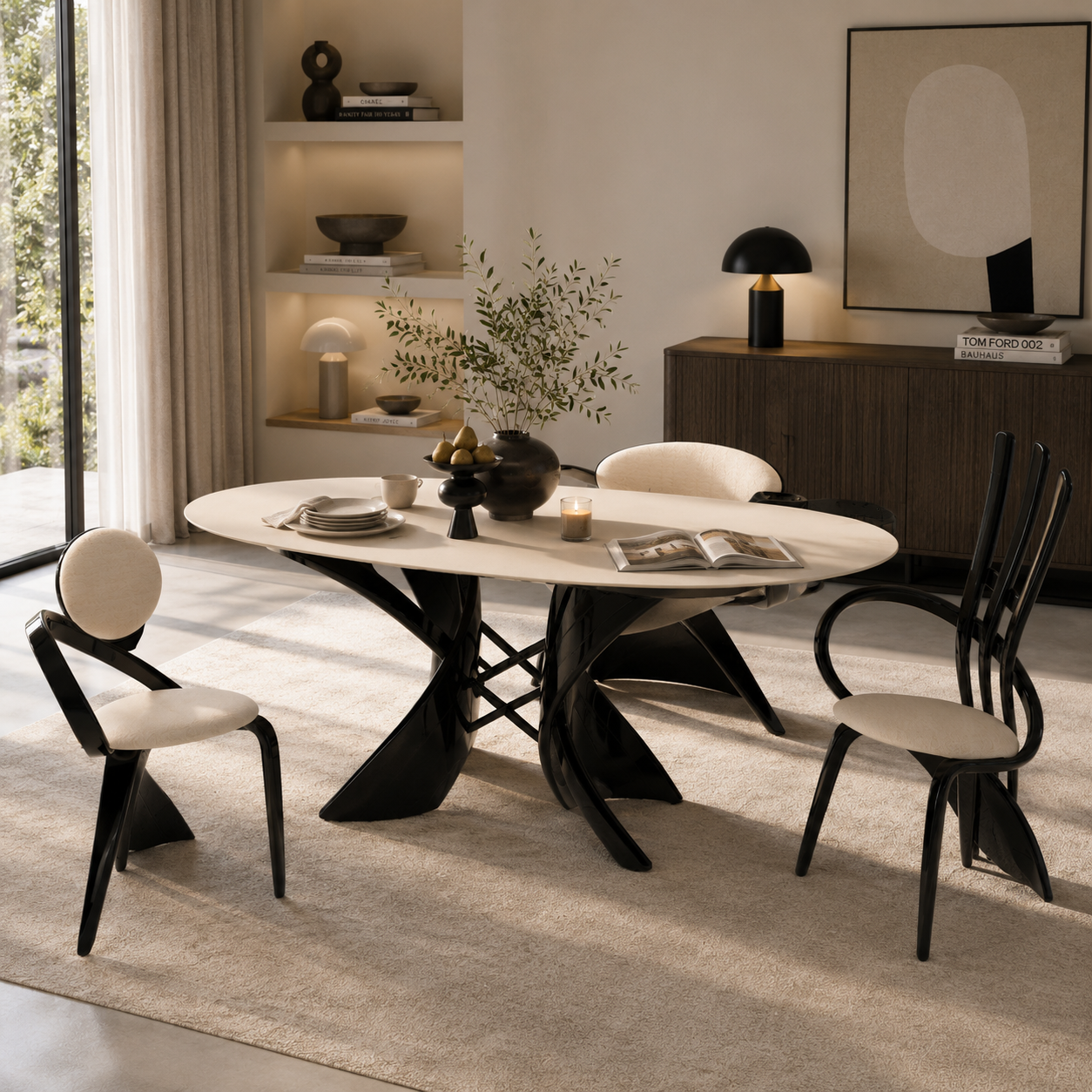 Ivory Oval Dining Set – Glossy Black Ribbon Chairs 3D Model 3