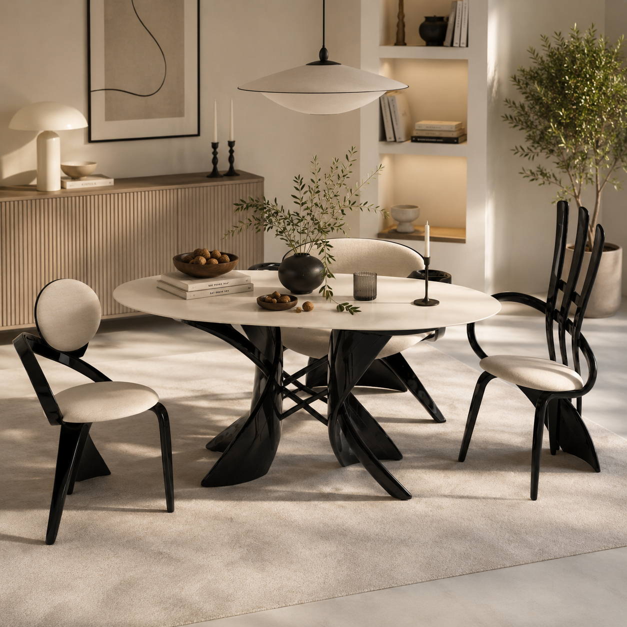 Ivory Oval Dining Set – Glossy Black Ribbon Chairs 3D Model 2