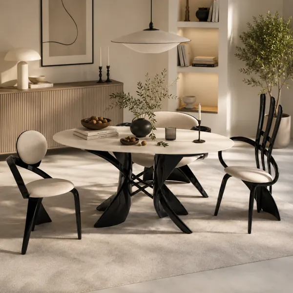 Ivory Oval Dining Set – Glossy Black Ribbon Chairs 3D Model back