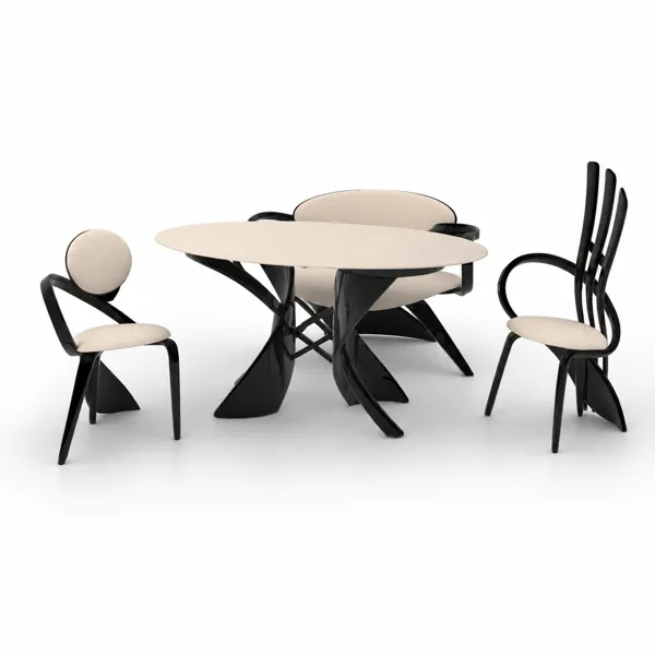 Ivory Oval Dining Set – Glossy Black Ribbon Chairs 3D Model