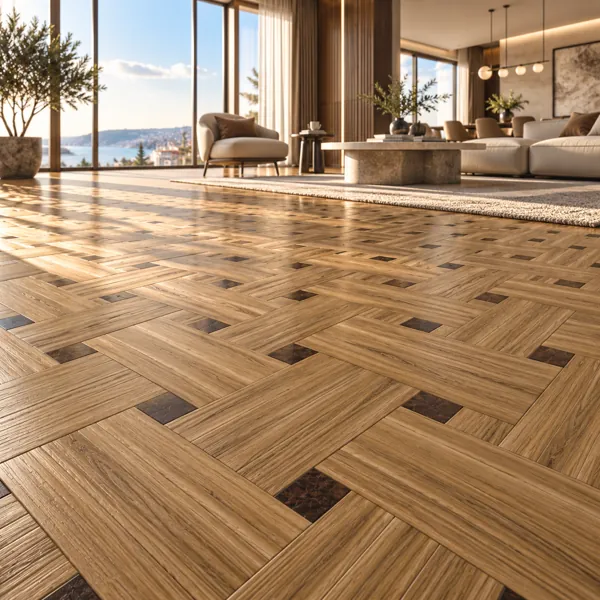 Warm Golden Oak Basket Weave Dark Inlay Parquet Texture back