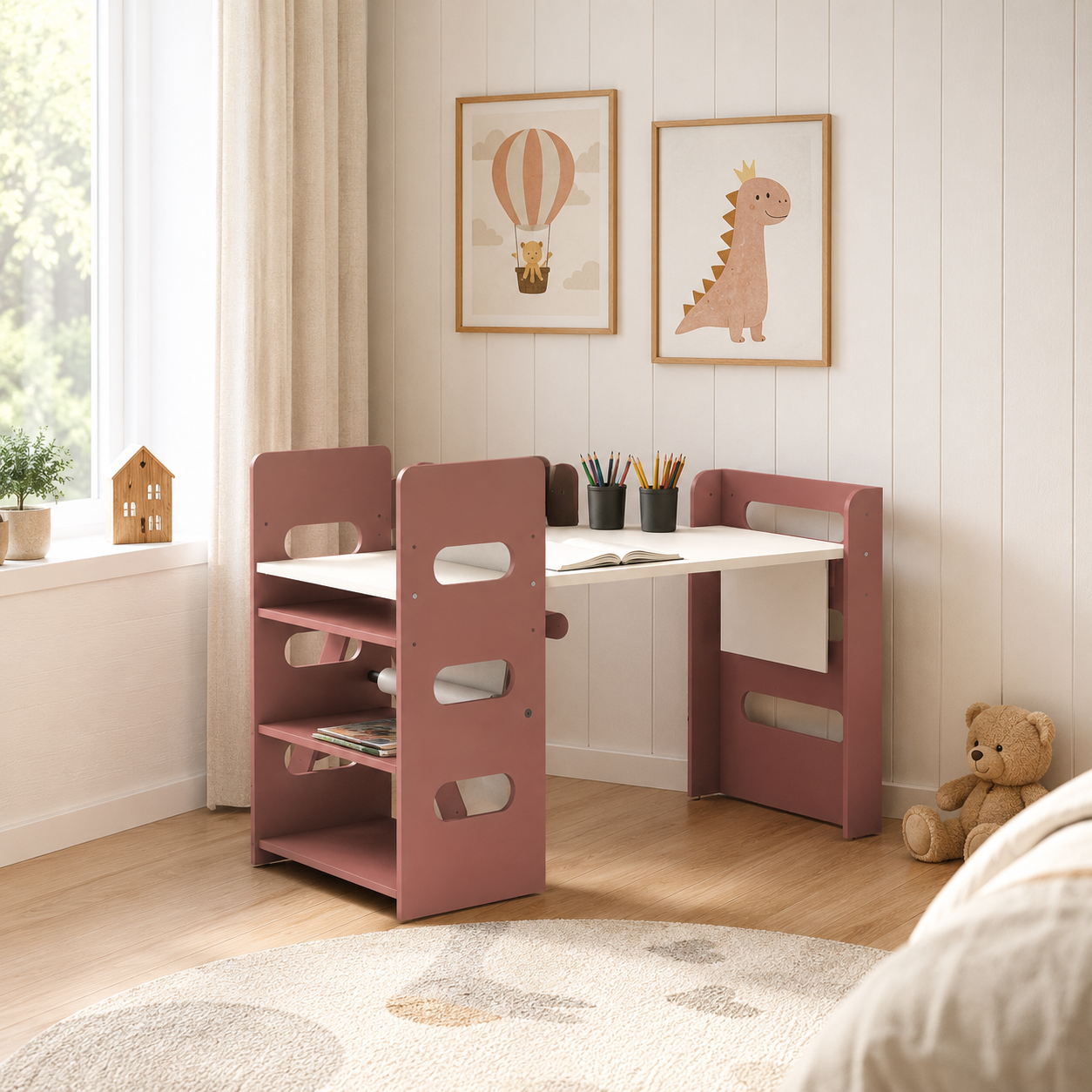 Dusty Rose Kids Study Desk – White Cutout Worktop 3D Model 3