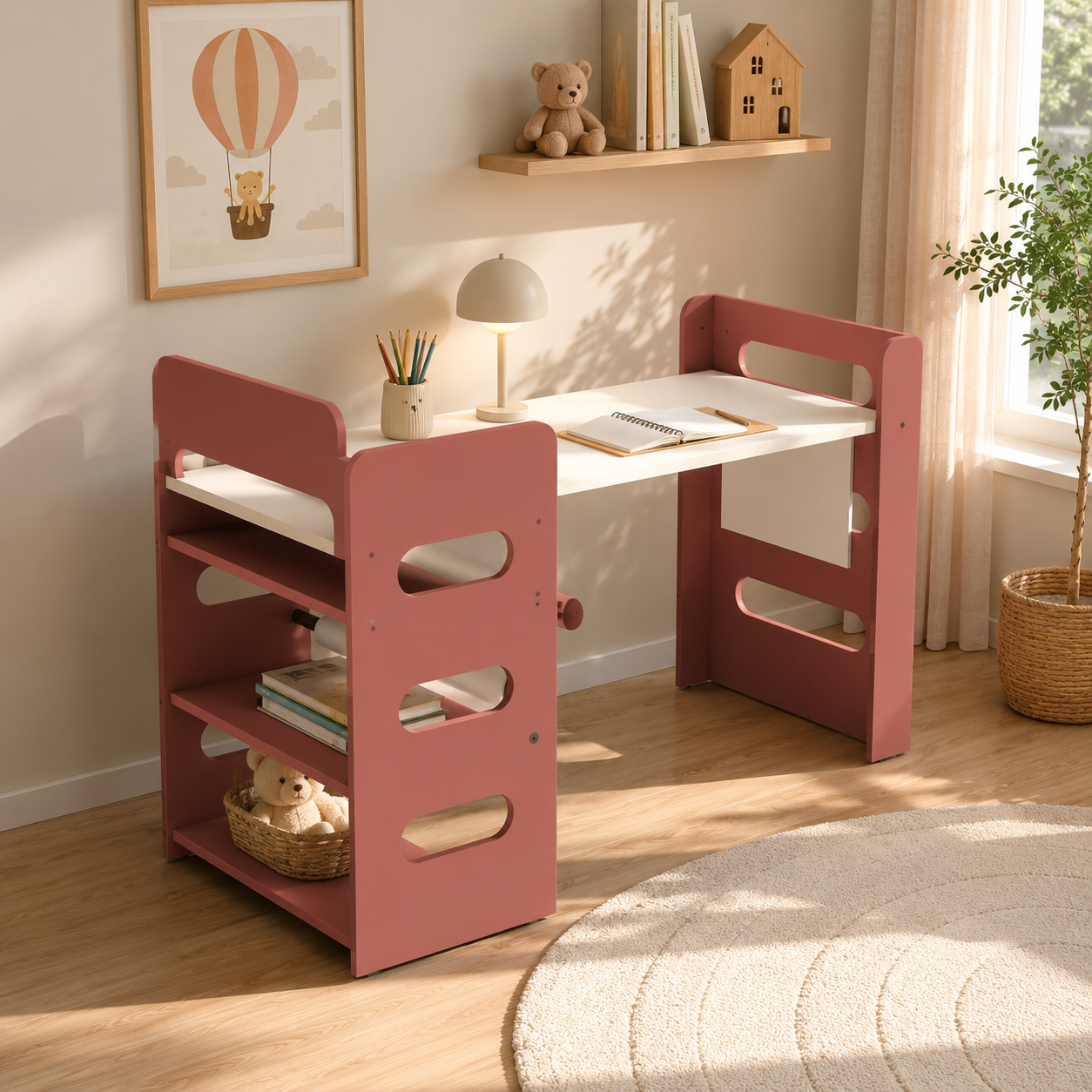 Dusty Rose Kids Study Desk – White Cutout Worktop 3D Model 2