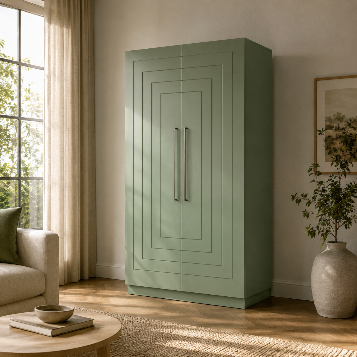 Sage Green Double-Door Cabinet – Layered Panel Front 3D Model 3