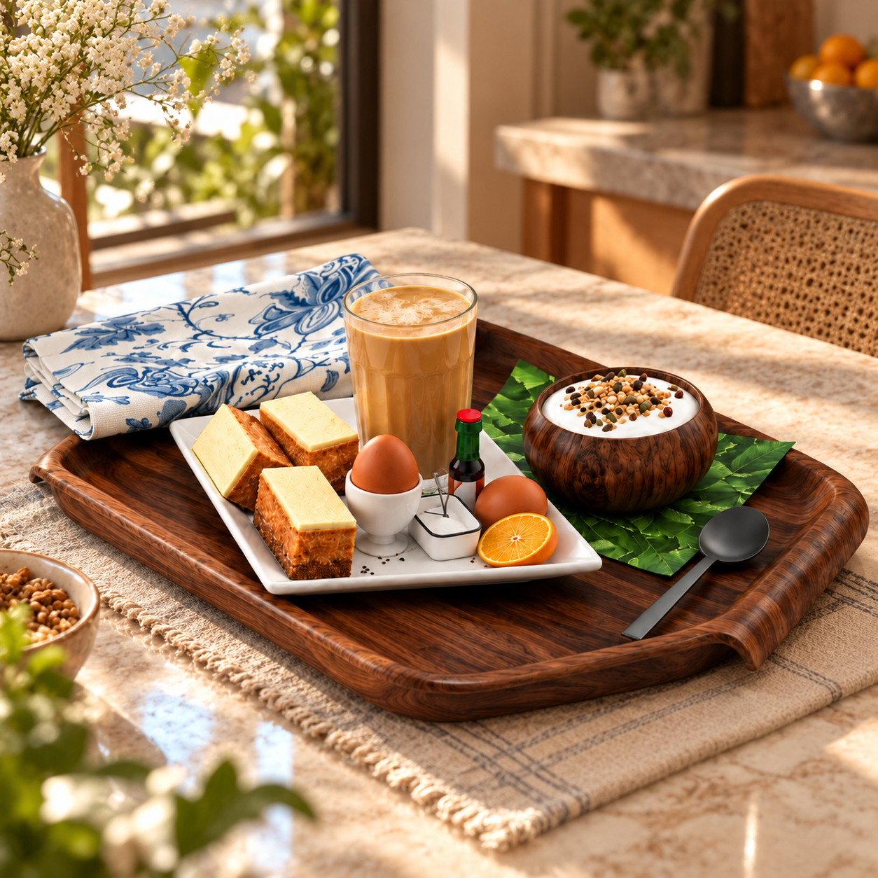 Wooden Breakfast Serving Tray Set 3D Model 4