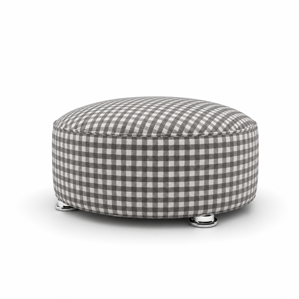 Grey White Gingham Round Ottoman – Chrome Feet 3D Model 1