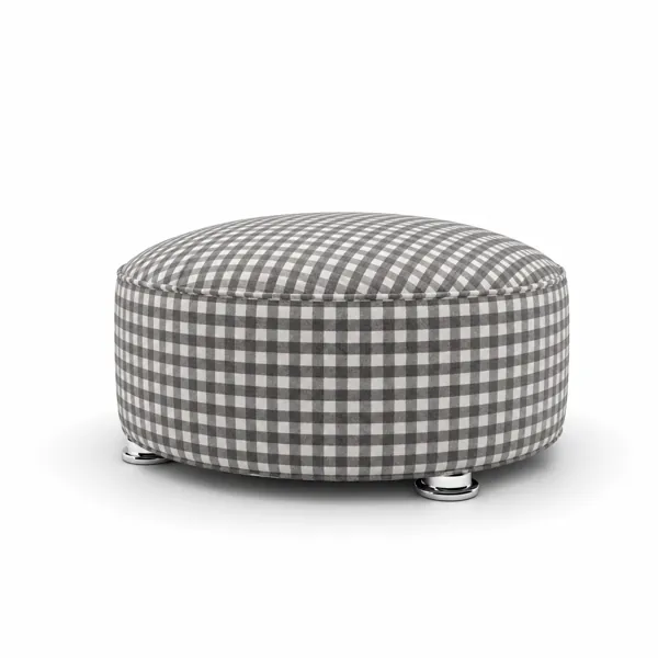 Grey White Gingham Round Ottoman – Chrome Feet 3D Model