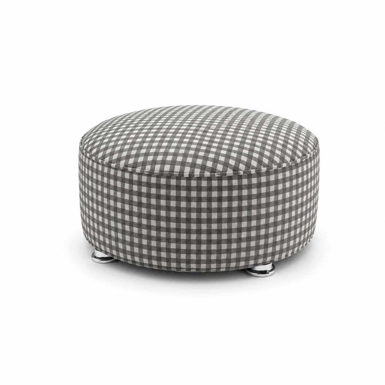 Grey White Gingham Round Ottoman – Chrome Feet 3D Model 3
