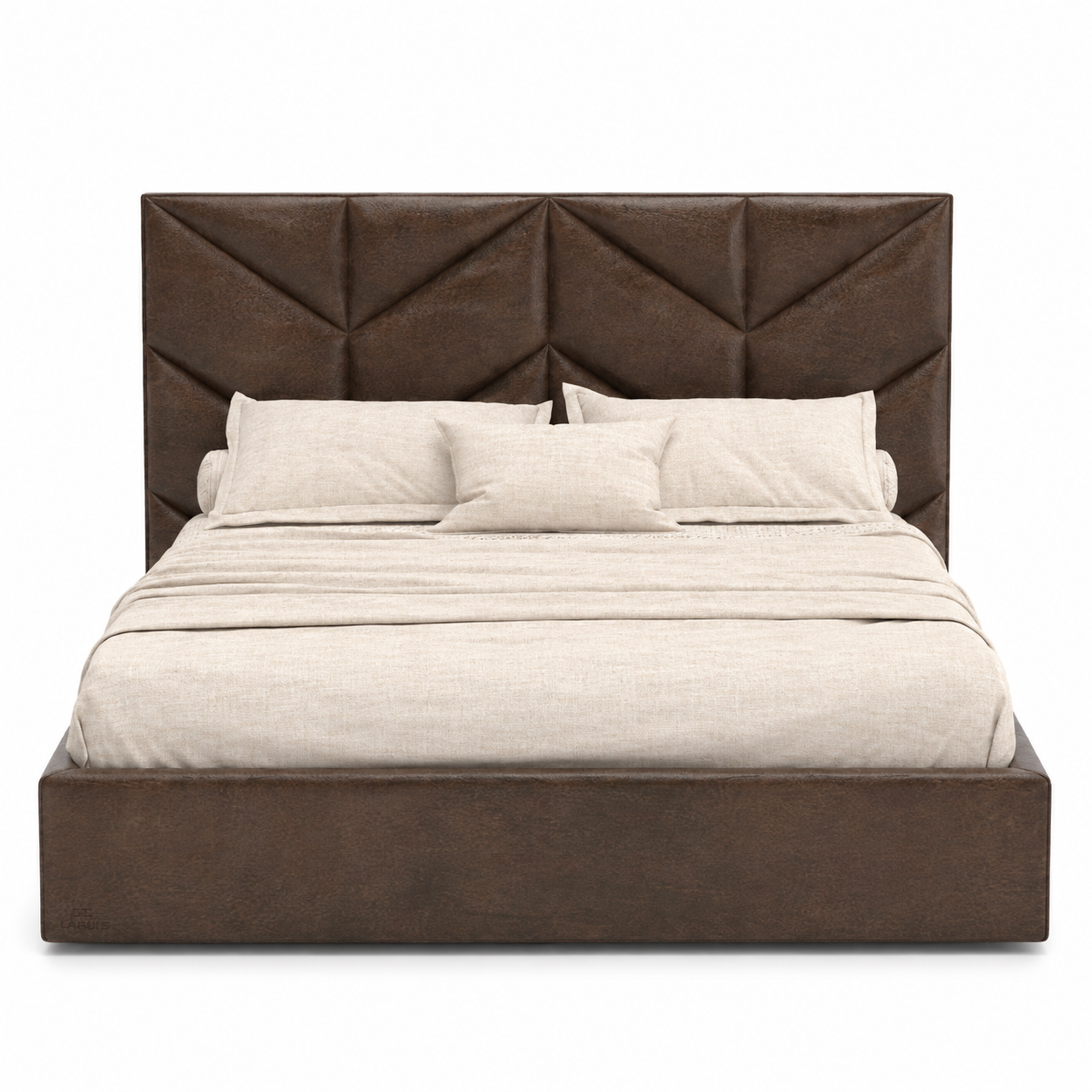 Taupe Geometric Panel Upholstered Bed 3D Model 3