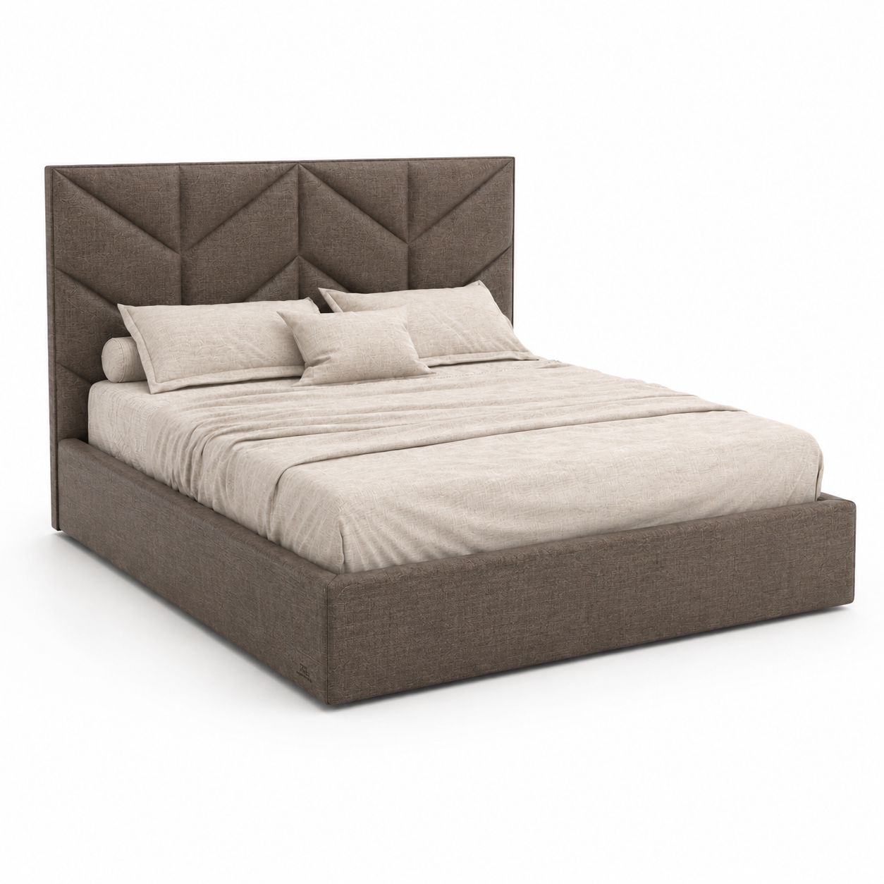 Taupe Geometric Panel Upholstered Bed 3D Model 1