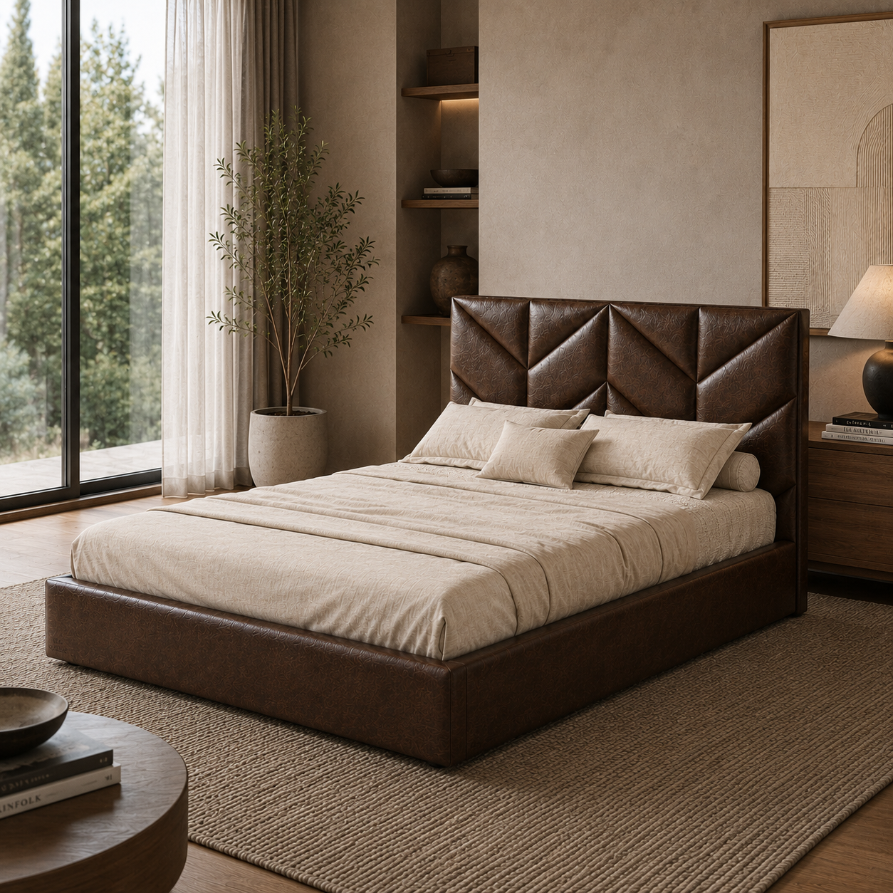 Taupe Geometric Panel Upholstered Bed 3D Model 4