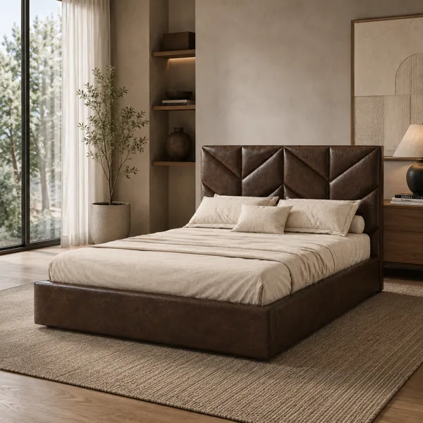 Taupe Geometric Panel Upholstered Bed 3D Model back
