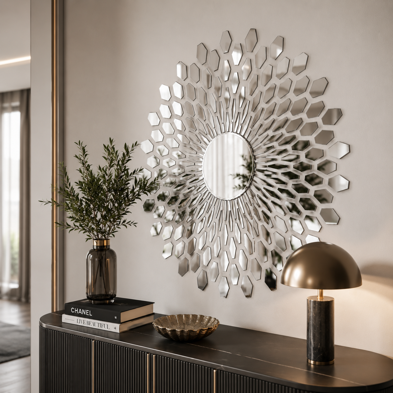 Round Wall Mirror – Faceted Geometric Sunburst 3