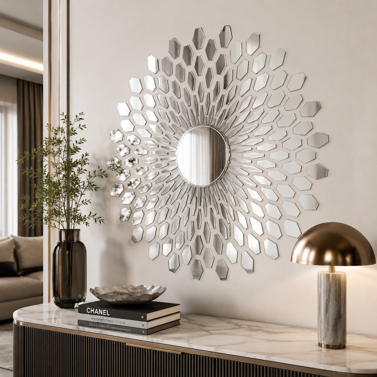 Round Wall Mirror – Faceted Geometric Sunburst 2