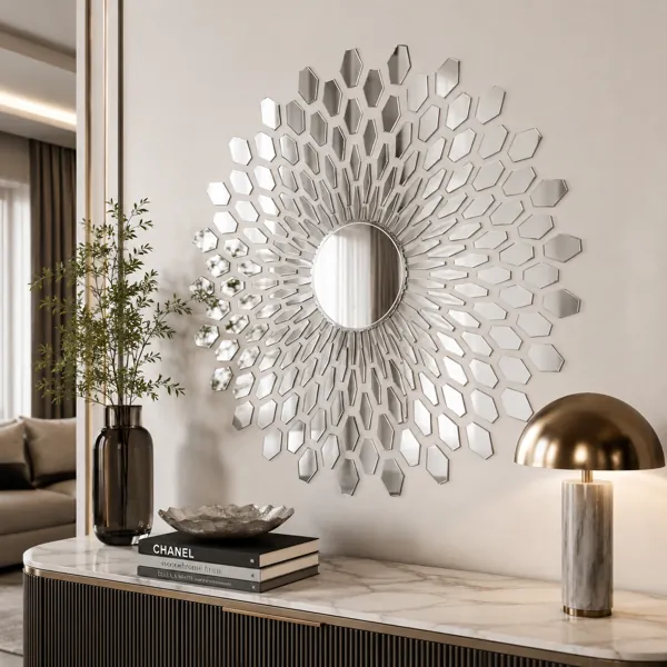 Round Wall Mirror – Faceted Geometric Sunburst back