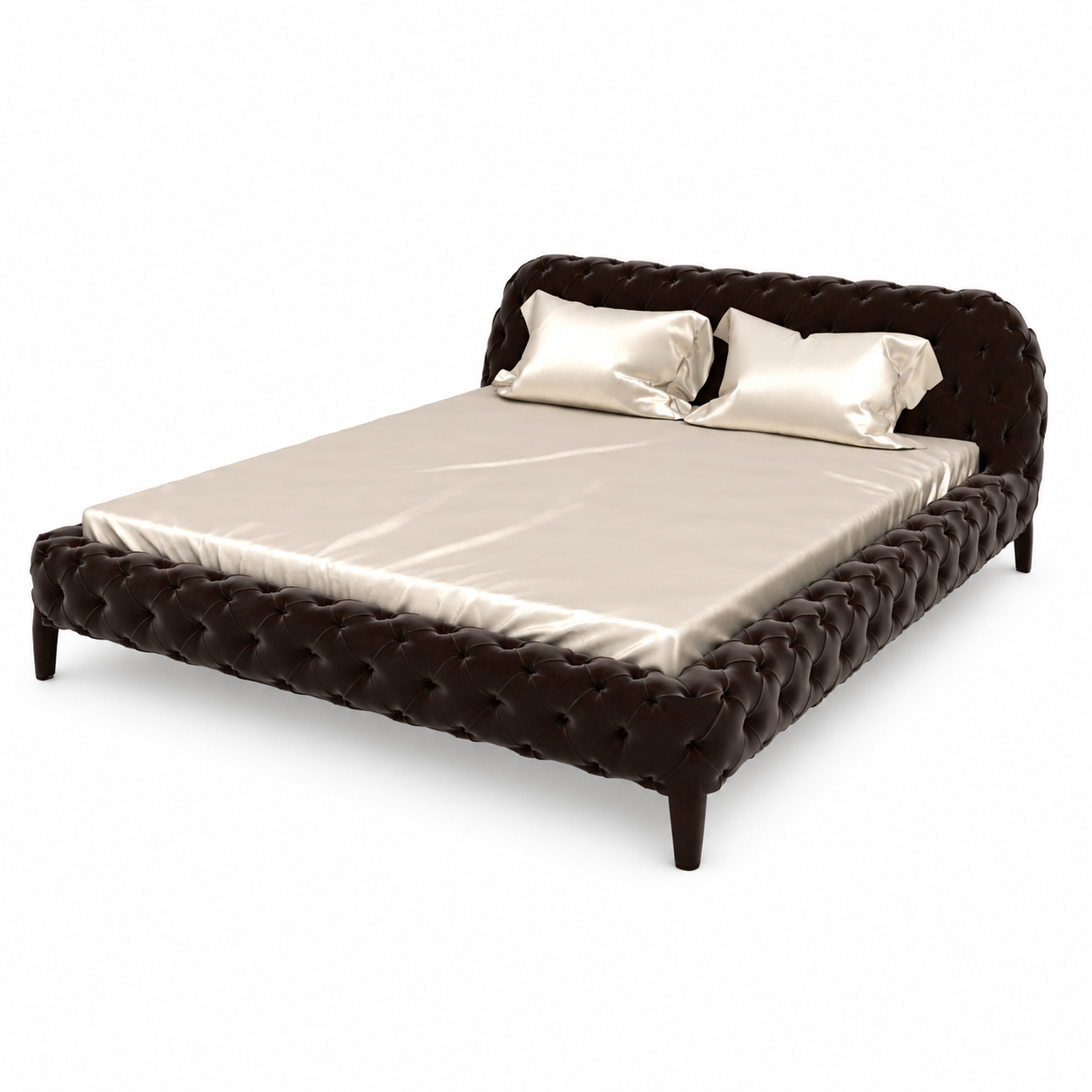 Dark Brown Tufted Leather Upholstered Bed 3D Model 3