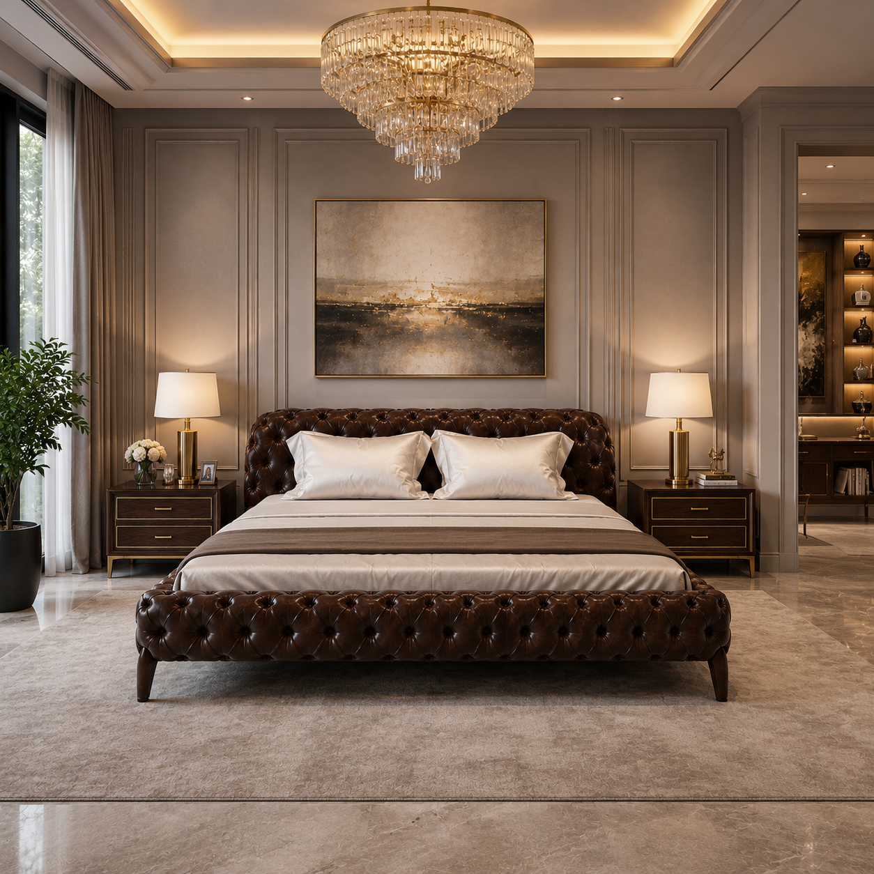 Dark Brown Tufted Leather Upholstered Bed 3D Model 4
