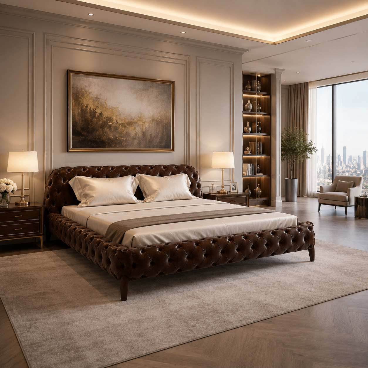 Dark Brown Tufted Leather Upholstered Bed 3D Model 2
