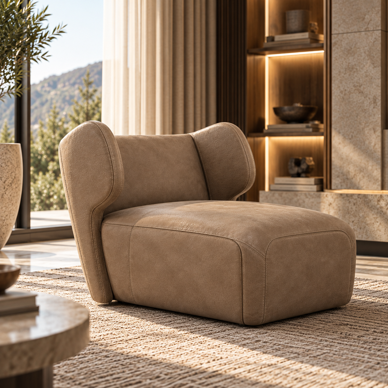 Taupe Leather Curved Wingback Armchair 3D Model 2