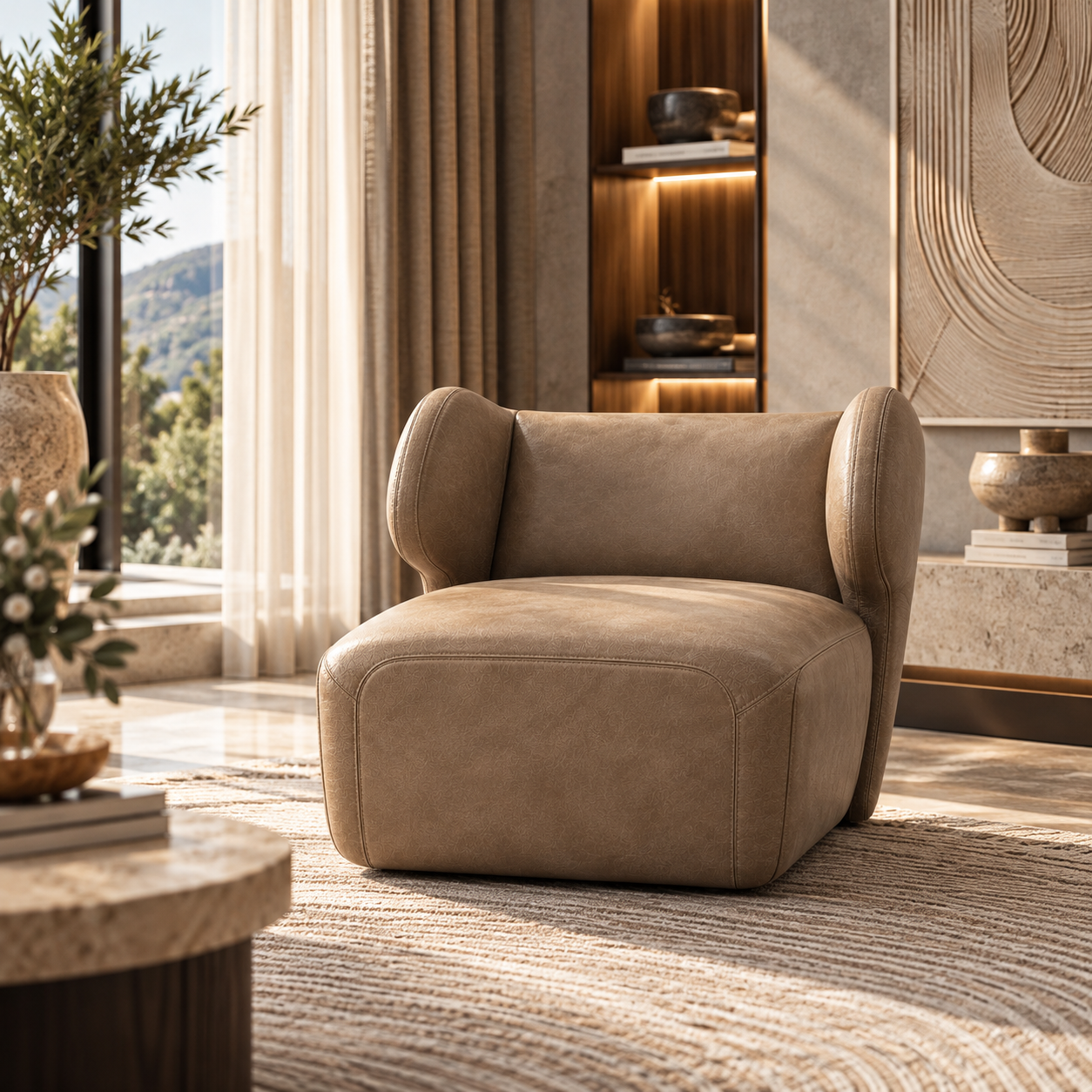 Taupe Leather Curved Wingback Armchair 3D Model 4