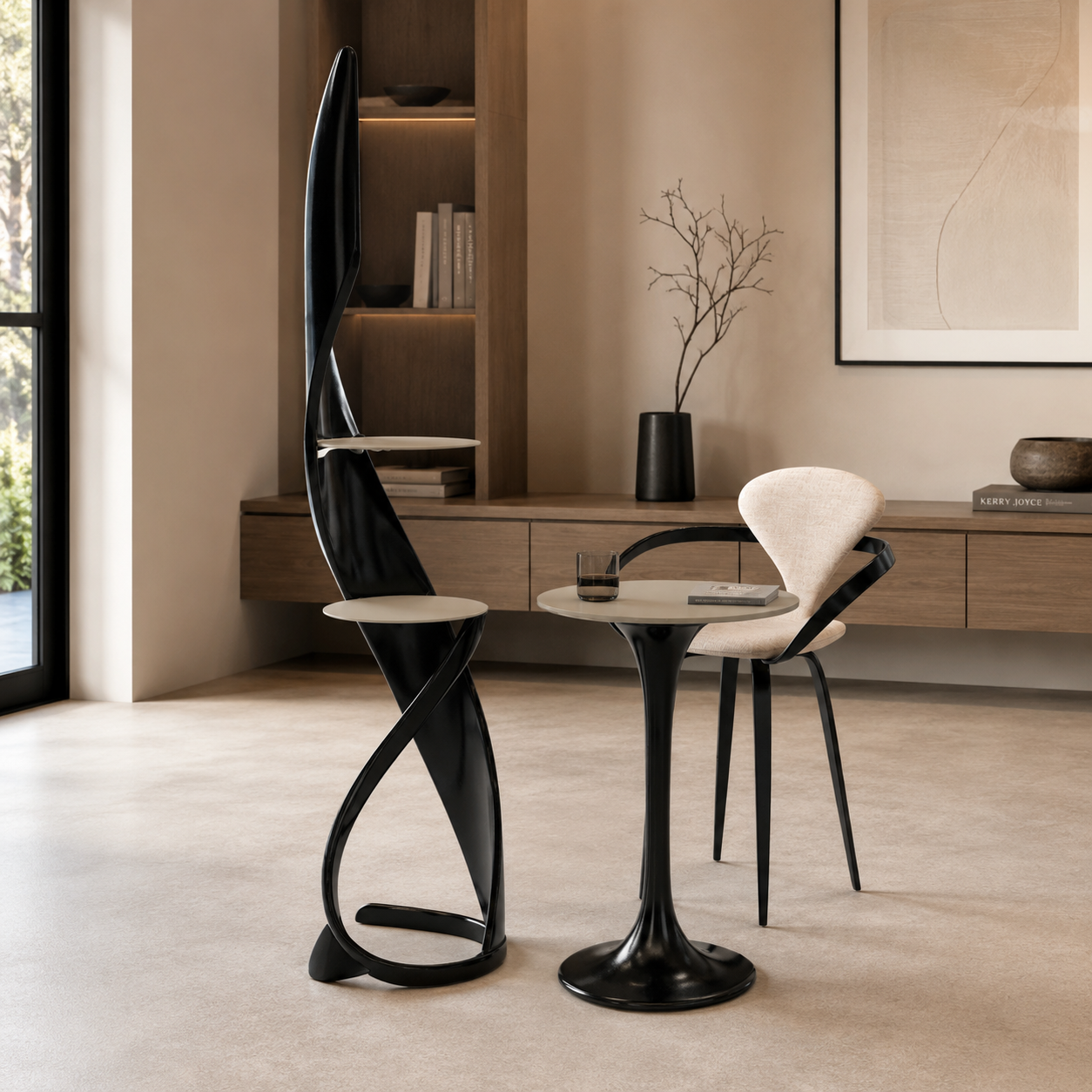 Glossy Black Sculptural Table & Chair Set – Beige Upholstery 3D Model 3