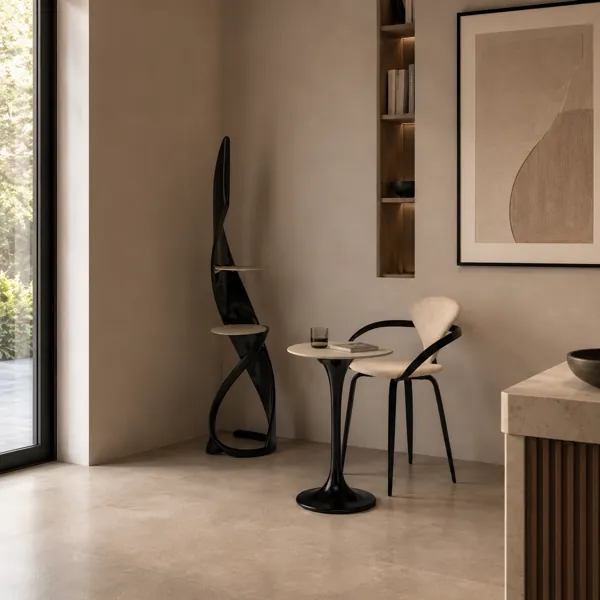 Glossy Black Sculptural Table & Chair Set – Beige Upholstery 3D Model back