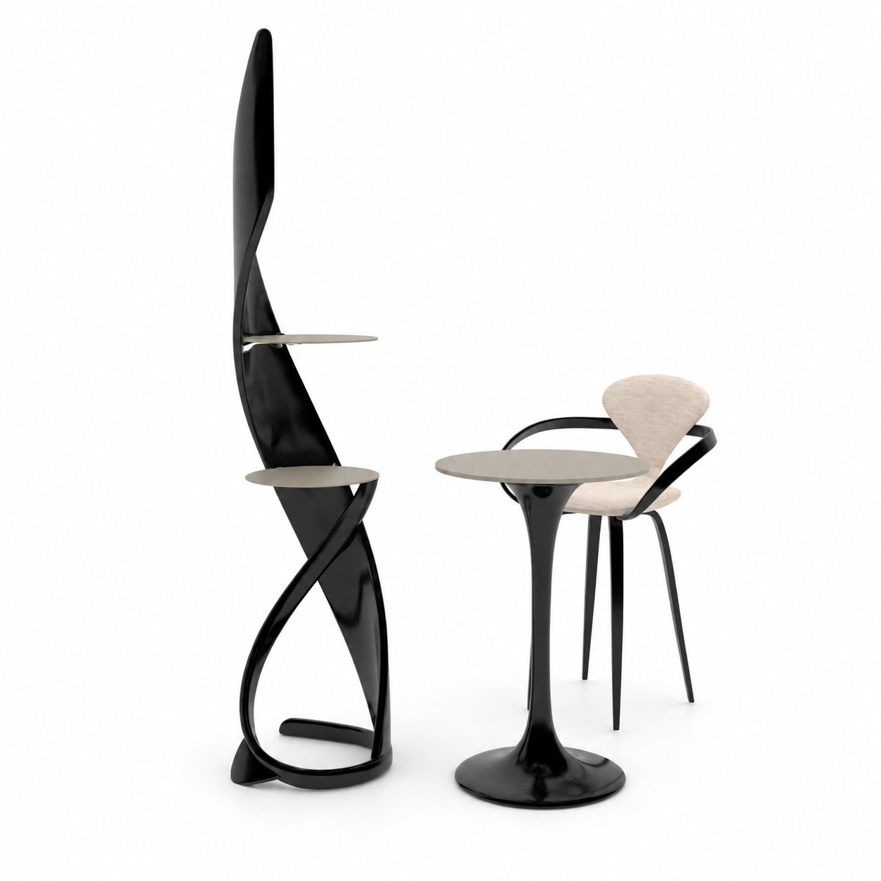 Glossy Black Sculptural Table & Chair Set – Beige Upholstery 3D Model 1