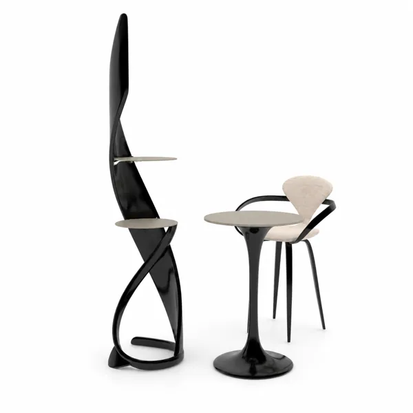Glossy Black Sculptural Table & Chair Set – Beige Upholstery 3D Model